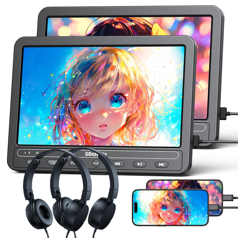 10.1" Dual Portable DVD Players for Car with HDMI Input, 5 Hours Battery, Car DVD Player Support USB/SD Card, Play Same/Different Movies (2 x DVD Player)