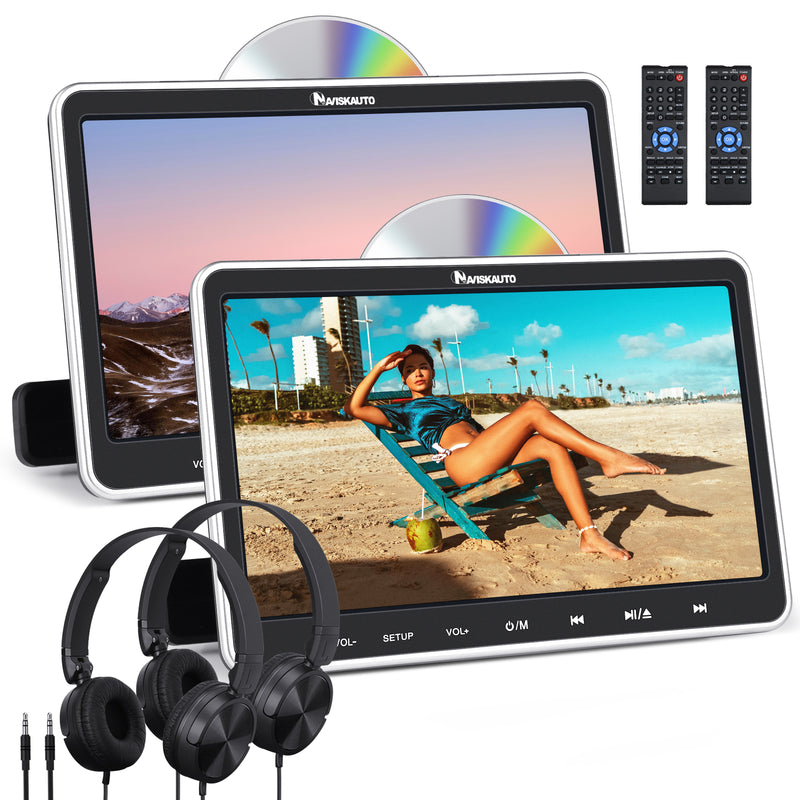 NAVISKAUTO Brand-new 10.1 Inch Dual Car DVD Player Headrest Monitors With 2 Headphones and 2 Mounting Bracket